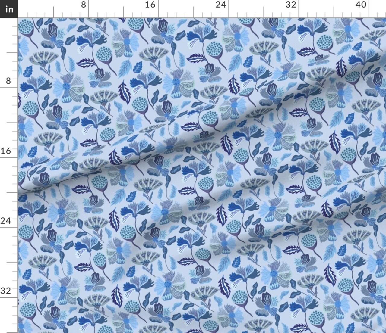 Modern Floral Monochrome Chintz Moody Blue Botanical Flowers Custom Printed Fabric by Spoonflower Various Fabrics by the Yard or Fat Quarter